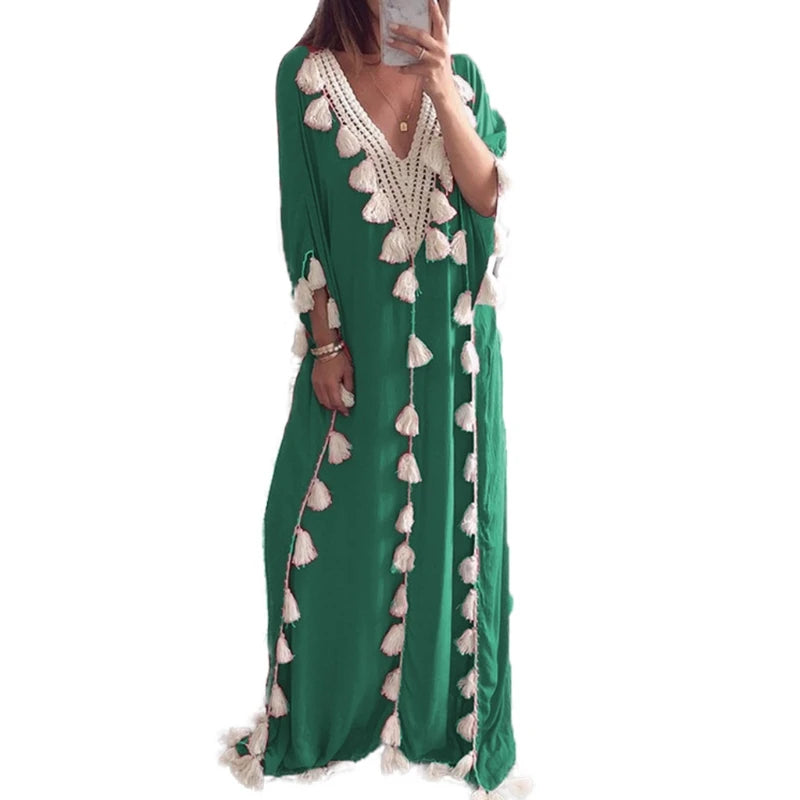 Womens Arabic Islamic Dubai Kaftan Half Sleeve Sexy Deep V-Neck Muslim Maxi Long Robe Dress Tassels Trim Turkey Casual Loose Up