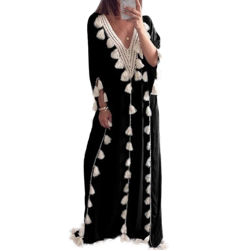 Womens Arabic Islamic Dubai Kaftan Half Sleeve Sexy Deep V-Neck Muslim Maxi Long Robe Dress Tassels Trim Turkey Casual Loose Up