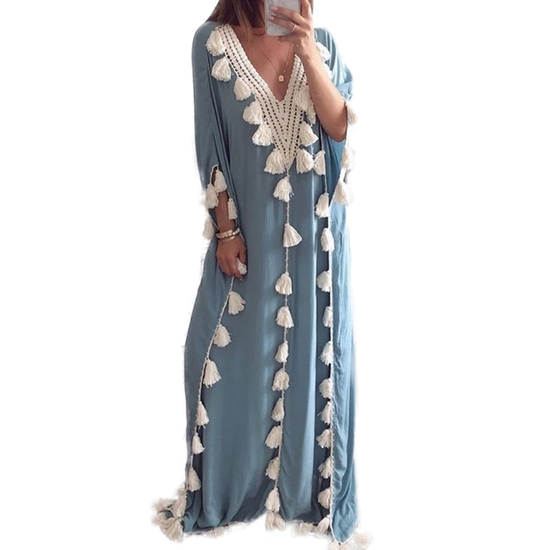Womens Arabic Islamic Dubai Kaftan Half Sleeve Sexy Deep V-Neck Muslim Maxi Long Robe Dress Tassels Trim Turkey Casual Loose Up
