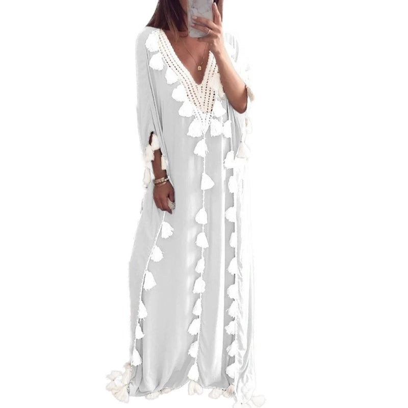 Womens Arabic Islamic Dubai Kaftan Half Sleeve Sexy Deep V-Neck Muslim Maxi Long Robe Dress Tassels Trim Turkey Casual Loose Up