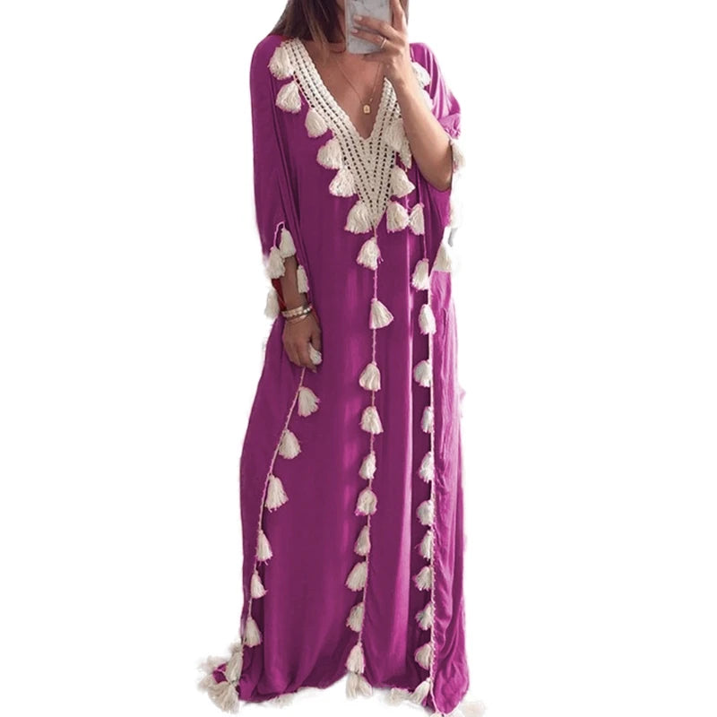 Womens Arabic Islamic Dubai Kaftan Half Sleeve Sexy Deep V-Neck Muslim Maxi Long Robe Dress Tassels Trim Turkey Casual Loose Up