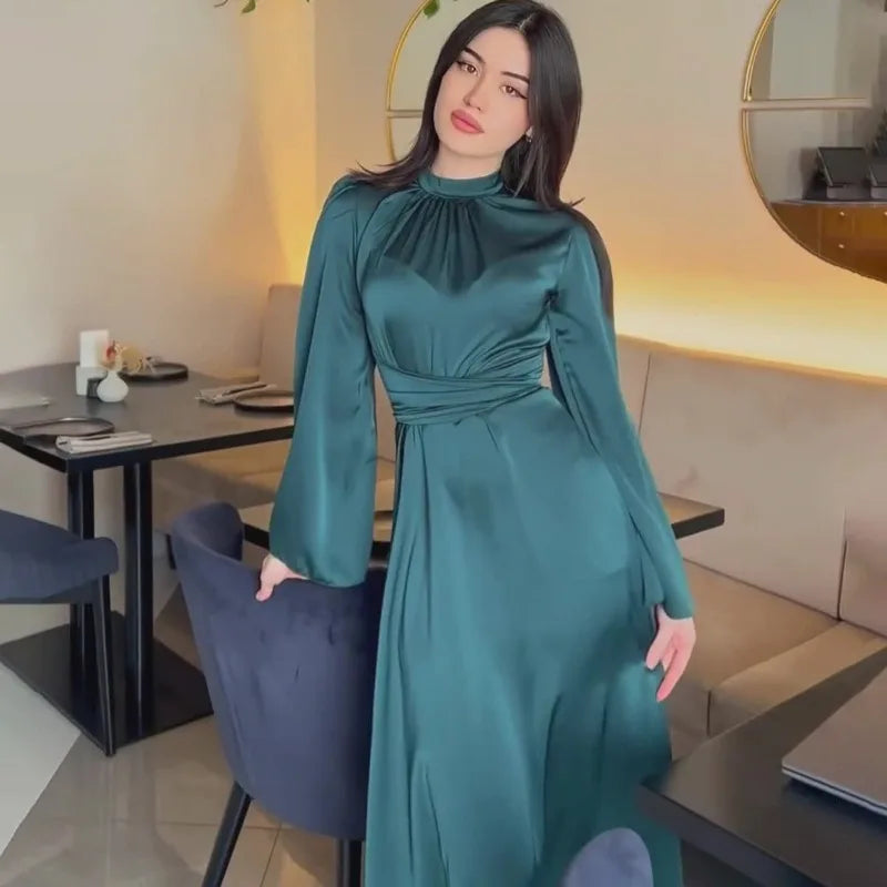 Eid Muslim Party Dress for Women Abaya Morocco Satin Dresses Ramadan Lace-up Abayas Kaftan Islam Dubai Arab Long Robe