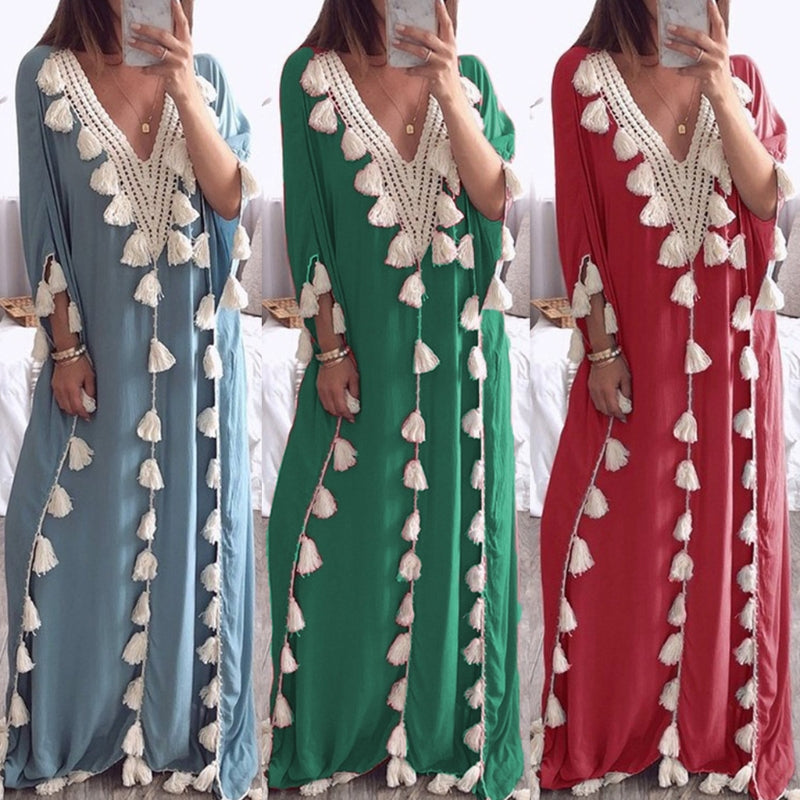 Womens Arabic Islamic Dubai Kaftan Half Sleeve Sexy Deep V-Neck Muslim Maxi Long Robe Dress Tassels Trim Turkey Casual Loose Up