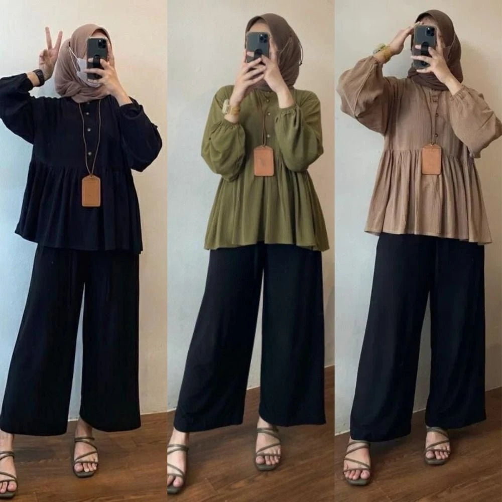 Solid Color Loose Women's T Shirts All Match A-line Muslim Blouse Long Sleeve Islamic Clothing Bottoming Shirts Office