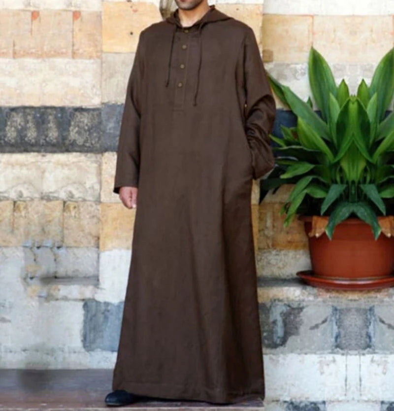 Men's Muslim Robes Saudi Arabia Juba Islamic Kafatan Casual Loose Robe Shirt Solid Color Long Sleeve Hooded Button Pocket Robe