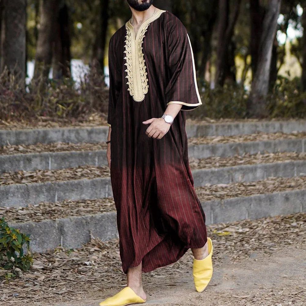Kaftan Summer Middle Eastern Men's Arab Robe Loose V-neck Short Sleeved Printed Men's Muslim Clothing Islamic Clothing Kaftan