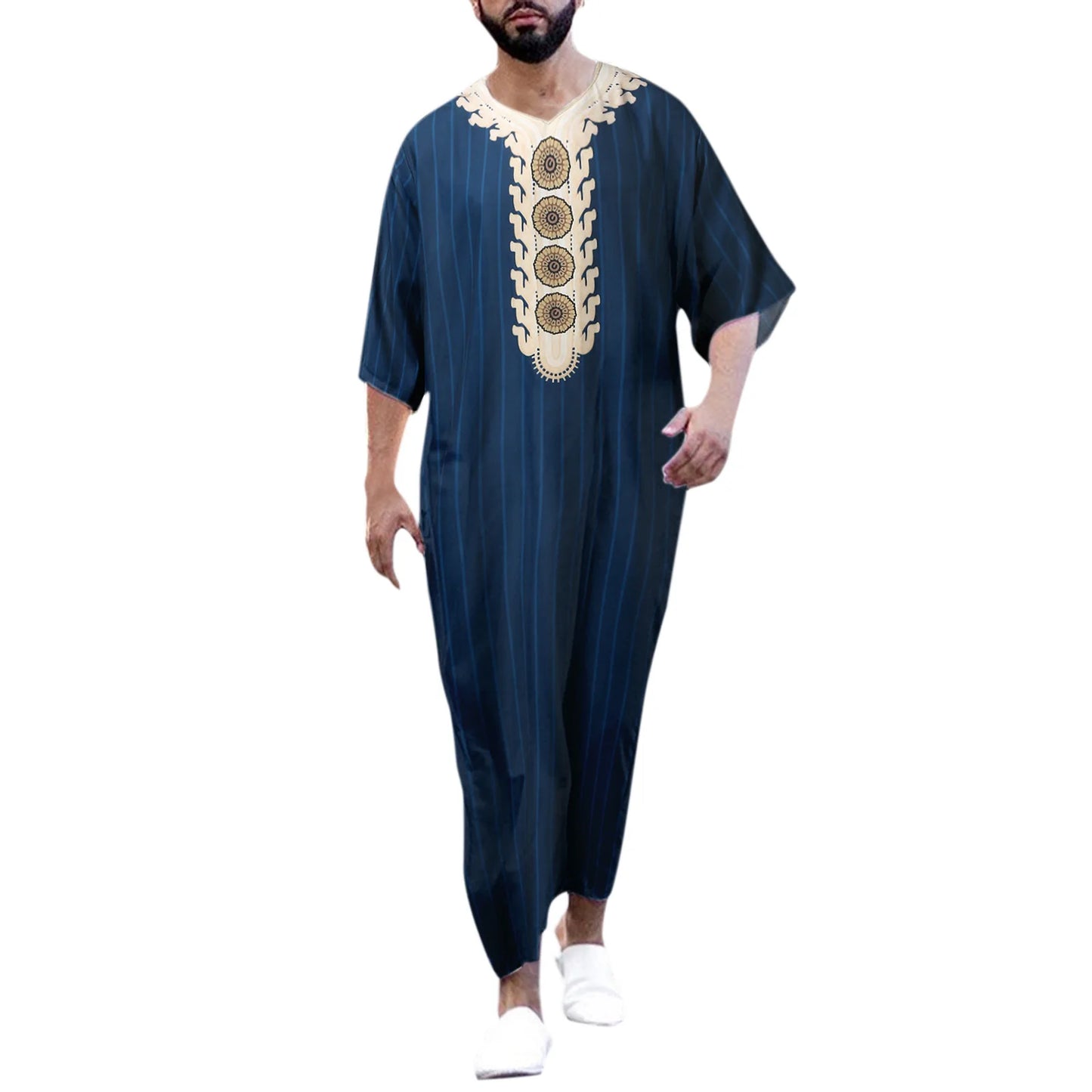 Kaftan Summer Middle Eastern Men's Arab Robe Loose V-neck Short Sleeved Printed Men's Muslim Clothing Islamic Clothing Kaftan