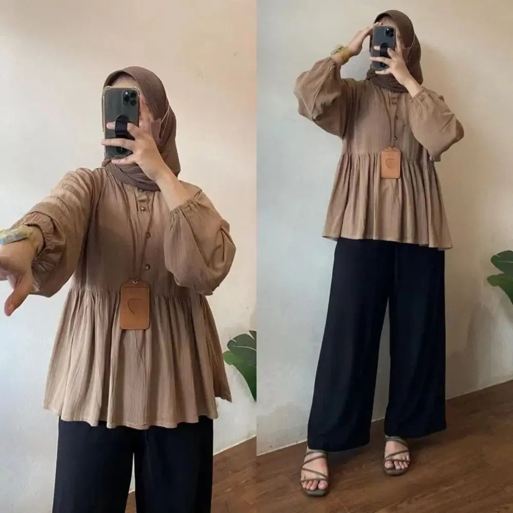 Solid Color Loose Women's T Shirts All Match A-line Muslim Blouse Long Sleeve Islamic Clothing Bottoming Shirts Office