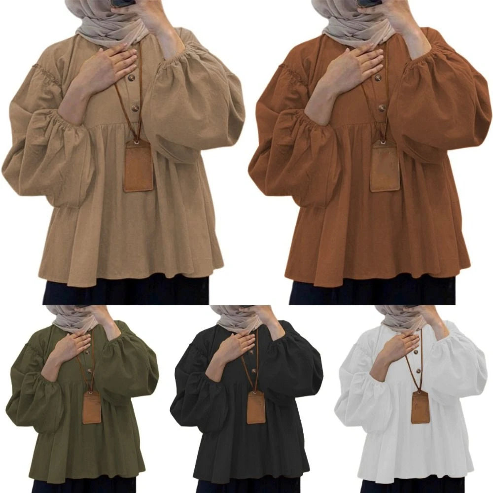 Solid Color Loose Women's T Shirts All Match A-line Muslim Blouse Long Sleeve Islamic Clothing Bottoming Shirts Office
