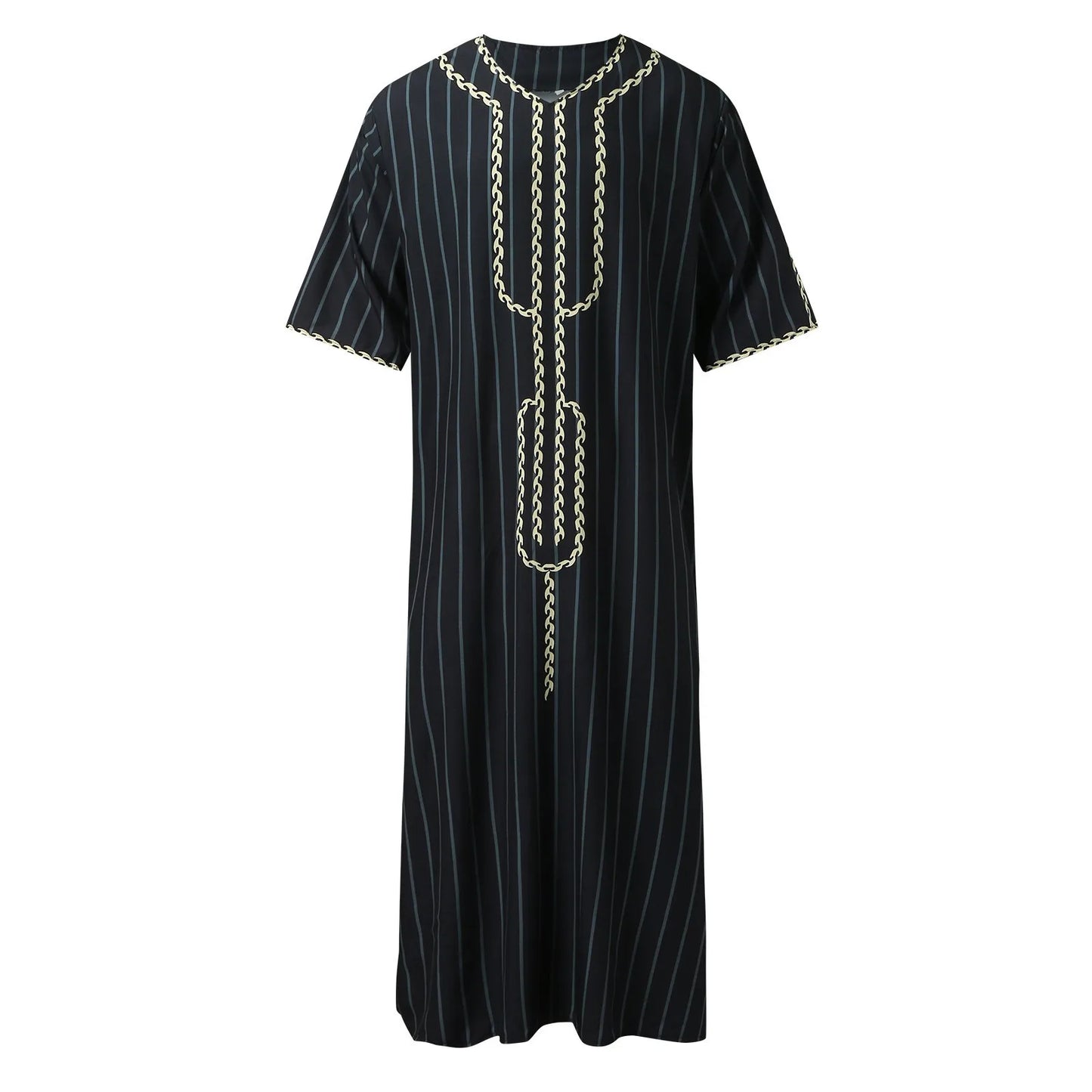 Muslim Men'S Clothing Hand-Embroidered Loose Breathable Summer Fashion Loose Robe Dubai Luxury V-Neck Short Sleeve Printing