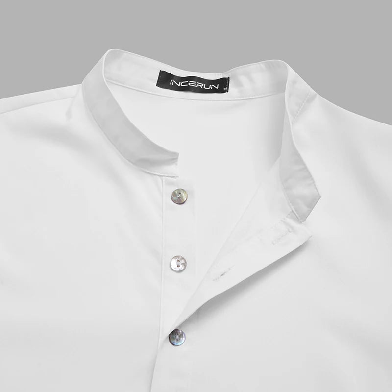 INCERUN Men Muslim Shirt Stand Collar Long Sleeve Islamic Arab Kaftan Solid Color Streetwear Casual Long Shirts Men Clothing 5XL