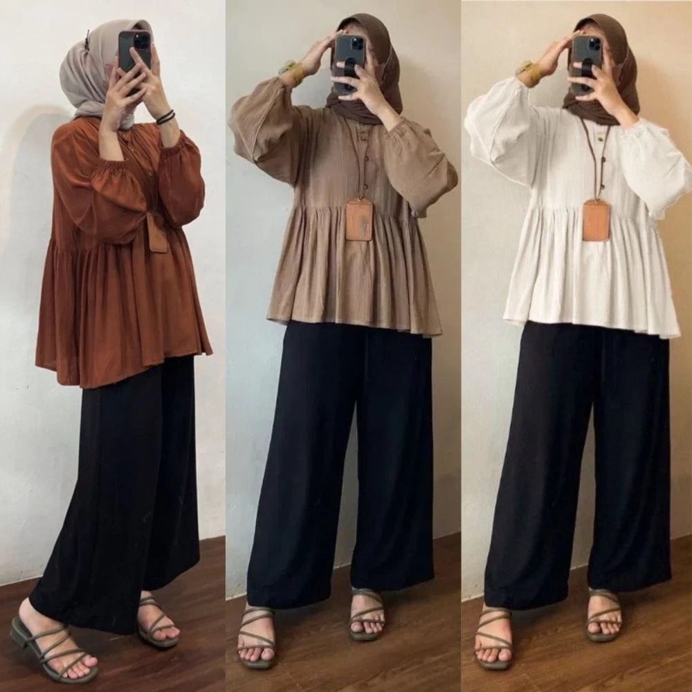 Solid Color Loose Women's T Shirts All Match A-line Muslim Blouse Long Sleeve Islamic Clothing Bottoming Shirts Office