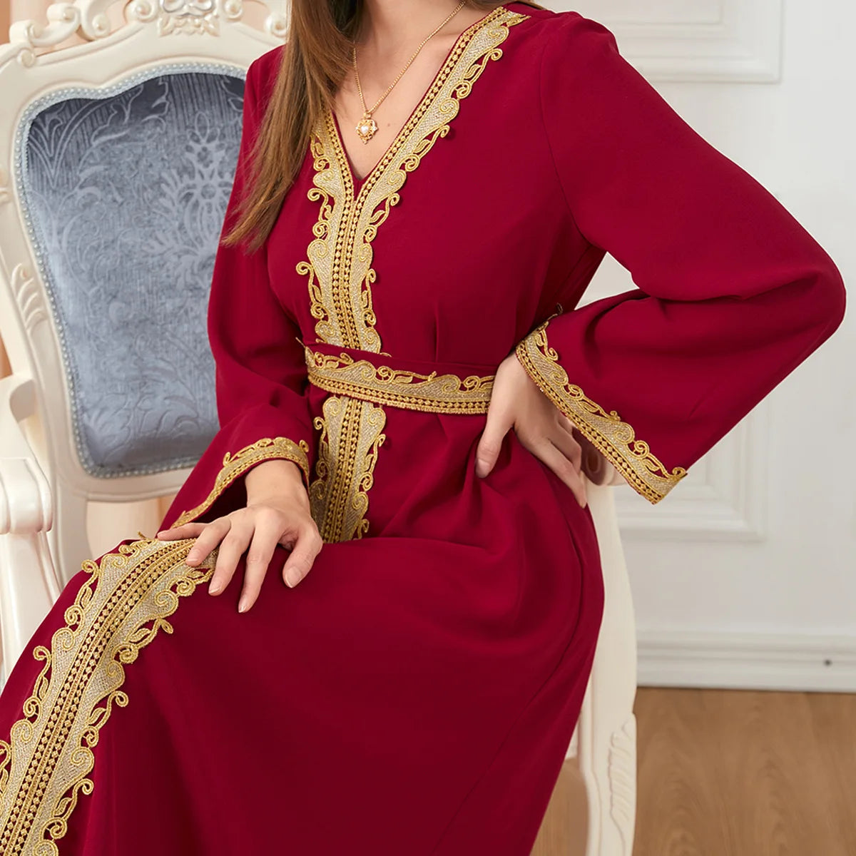 Muslim Women's Clothing Pure Color Splicing Basic Loose Embroidered Long Skirt Long Sleeve Dress