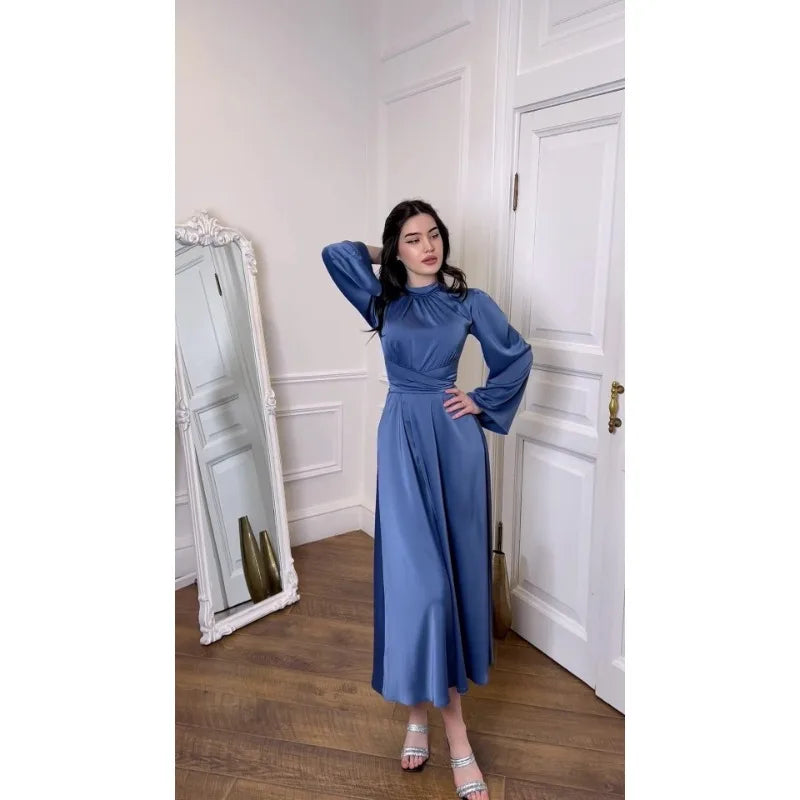 Eid Muslim Party Dress for Women Abaya Morocco Satin Dresses Ramadan Lace-up Abayas Kaftan Islam Dubai Arab Long Robe