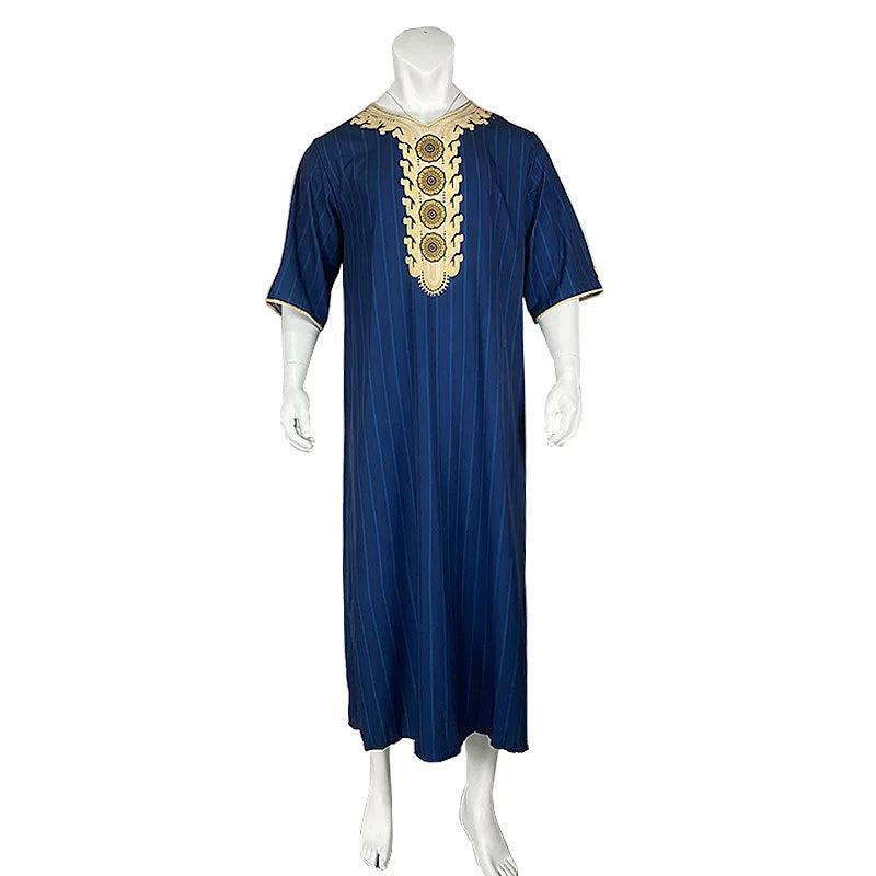 Kaftan Summer Middle Eastern Men's Arab Robe Loose V-neck Short Sleeved Printed Men's Muslim Clothing Islamic Clothing Kaftan