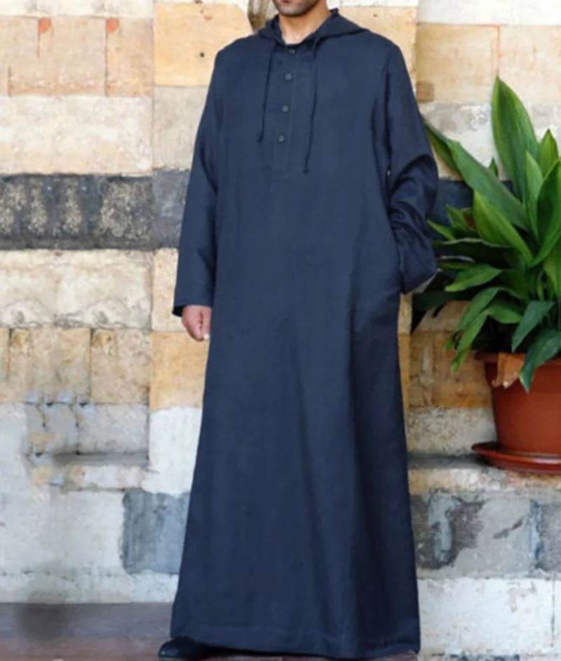 Men's Muslim Robes Saudi Arabia Juba Islamic Kafatan Casual Loose Robe Shirt Solid Color Long Sleeve Hooded Button Pocket Robe
