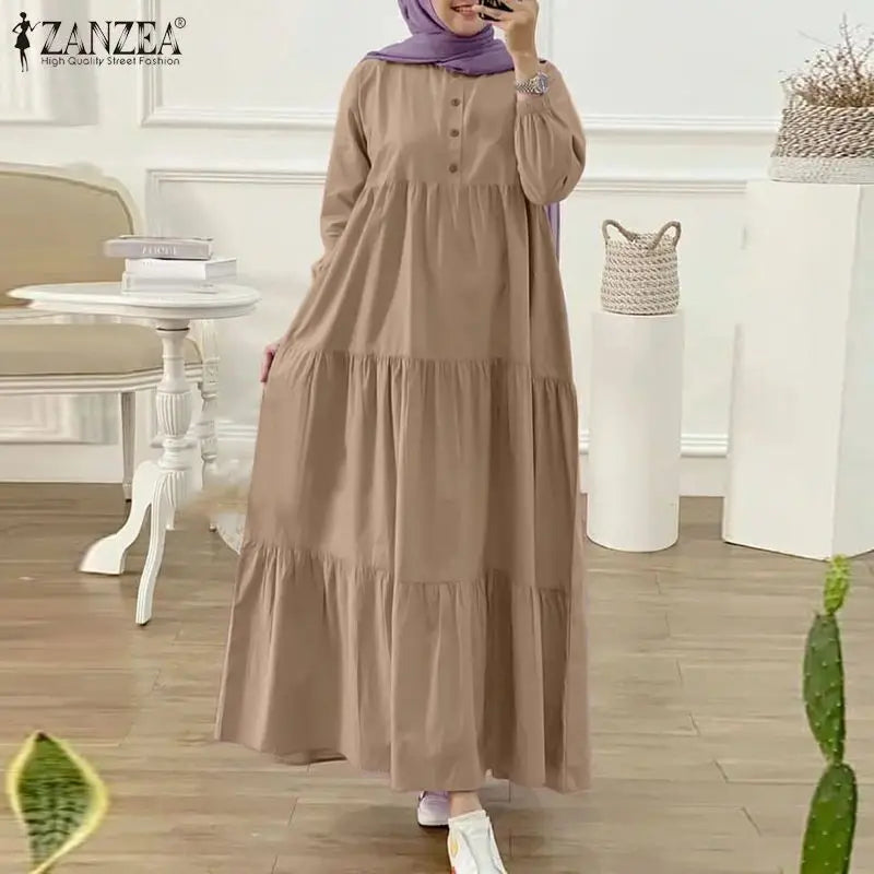 ZANZEA Fashion Women Long Sleeve Solid Ruffles Sundress Islamic Clothing Autumn Muslim Abaya Long Dress Robe Femme Eid Mubarek