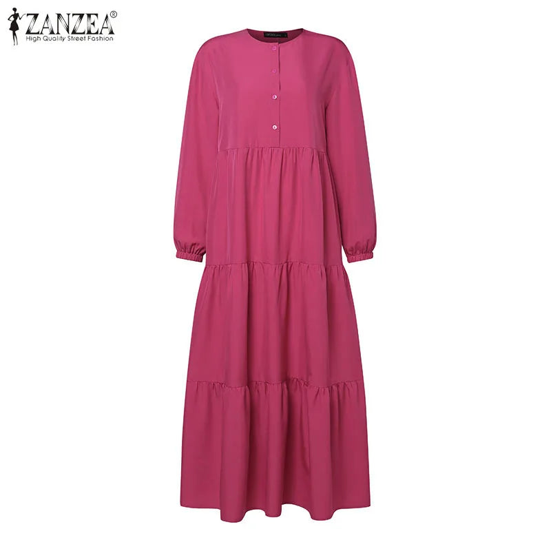 ZANZEA Fashion Women Long Sleeve Solid Ruffles Sundress Islamic Clothing Autumn Muslim Abaya Long Dress Robe Femme Eid Mubarek