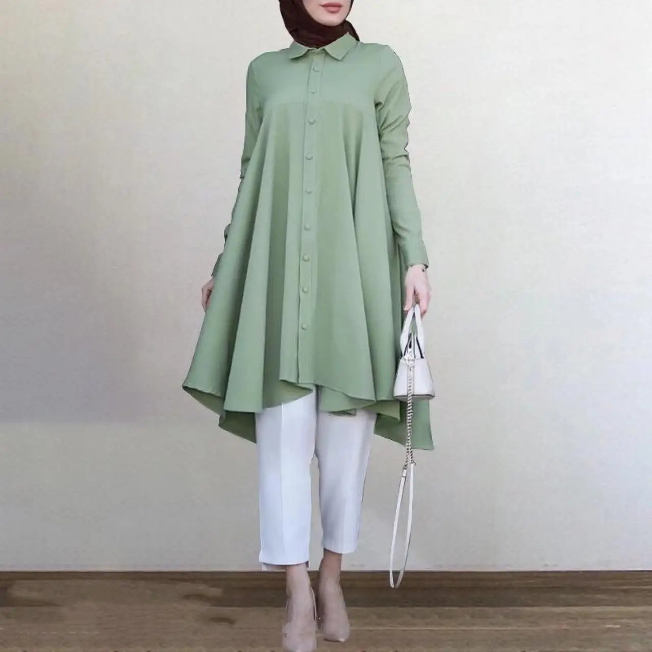 Muslim Women's Clothing Solid Color Lapel Coat Button Placket Dovetail Curved Hem Multi-color Long-sleeved Women's Shirt