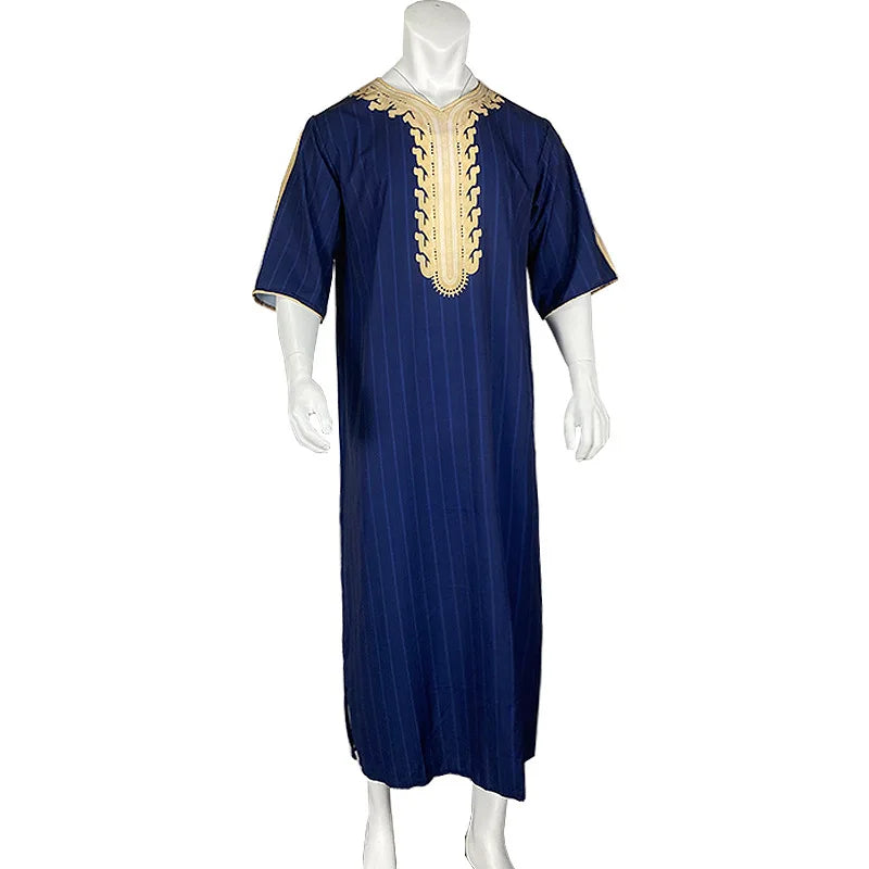 Kaftan Summer Middle Eastern Men's Arab Robe Loose V-neck Short Sleeved Printed Men's Muslim Clothing Islamic Clothing Kaftan
