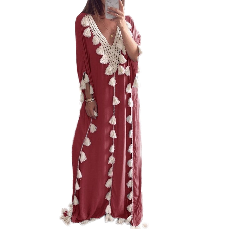 Womens Arabic Islamic Dubai Kaftan Half Sleeve Sexy Deep V-Neck Muslim Maxi Long Robe Dress Tassels Trim Turkey Casual Loose Up