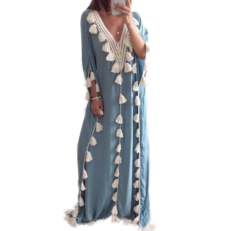 Womens Arabic Islamic Dubai Kaftan Half Sleeve Sexy Deep V-Neck Muslim Maxi Long Robe Dress Tassels Trim Turkey Casual Loose Up
