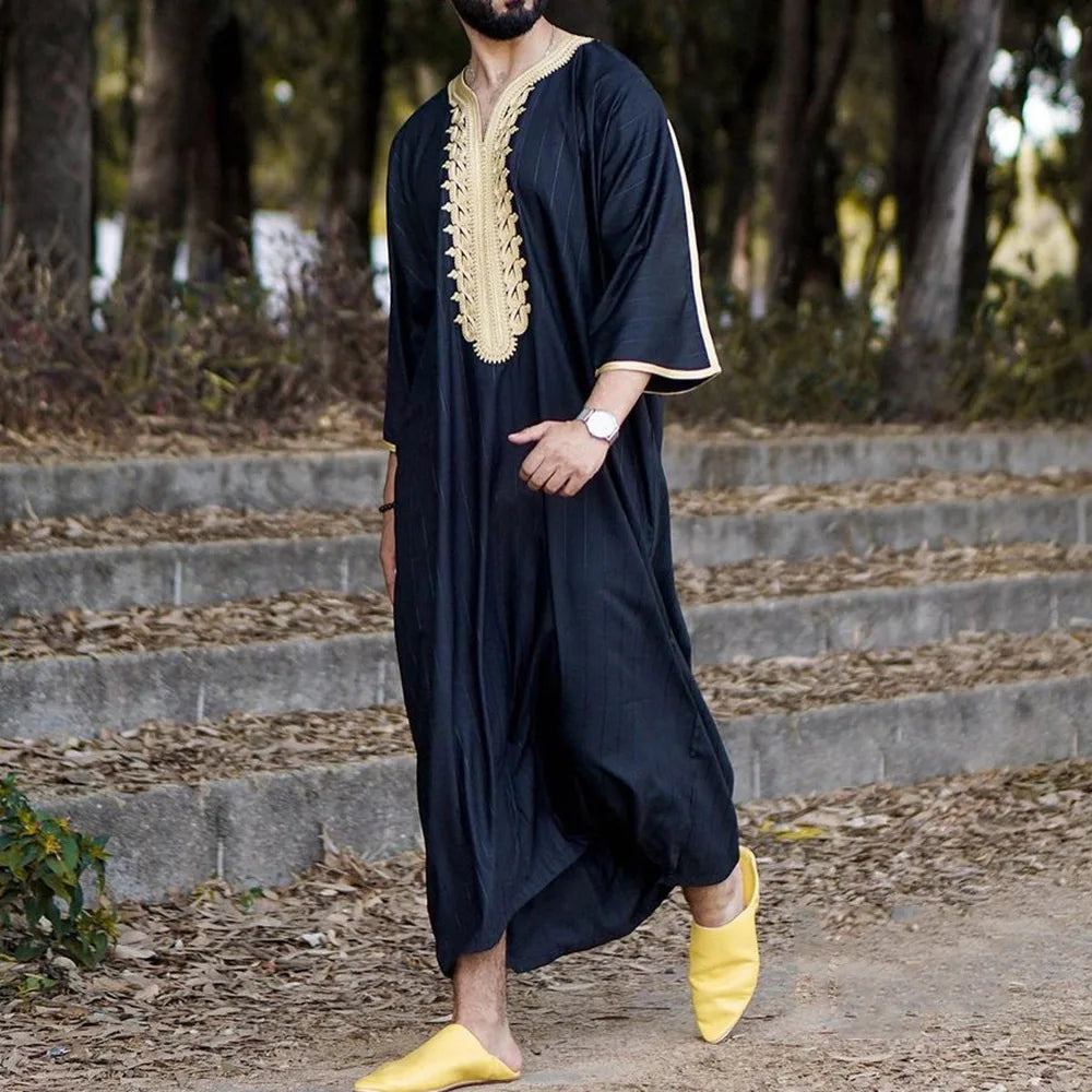 Kaftan Summer Middle Eastern Men's Arab Robe Loose V-neck Short Sleeved Printed Men's Muslim Clothing Islamic Clothing Kaftan