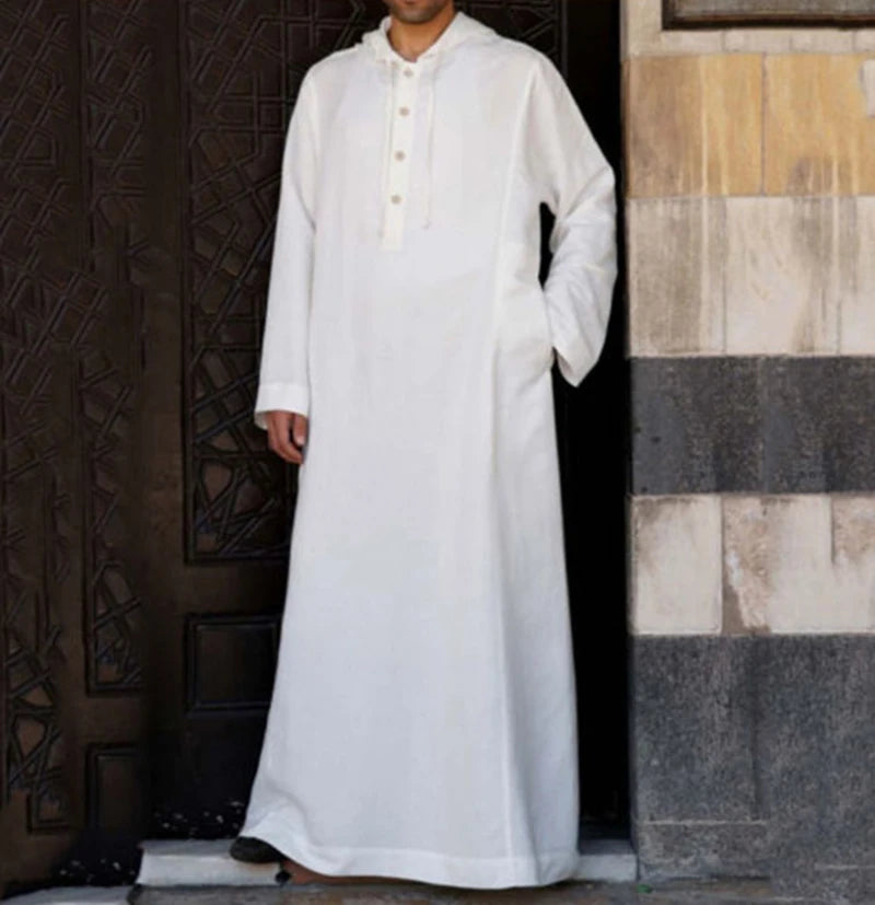 Men's Muslim Robes Saudi Arabia Juba Islamic Kafatan Casual Loose Robe Shirt Solid Color Long Sleeve Hooded Button Pocket Robe