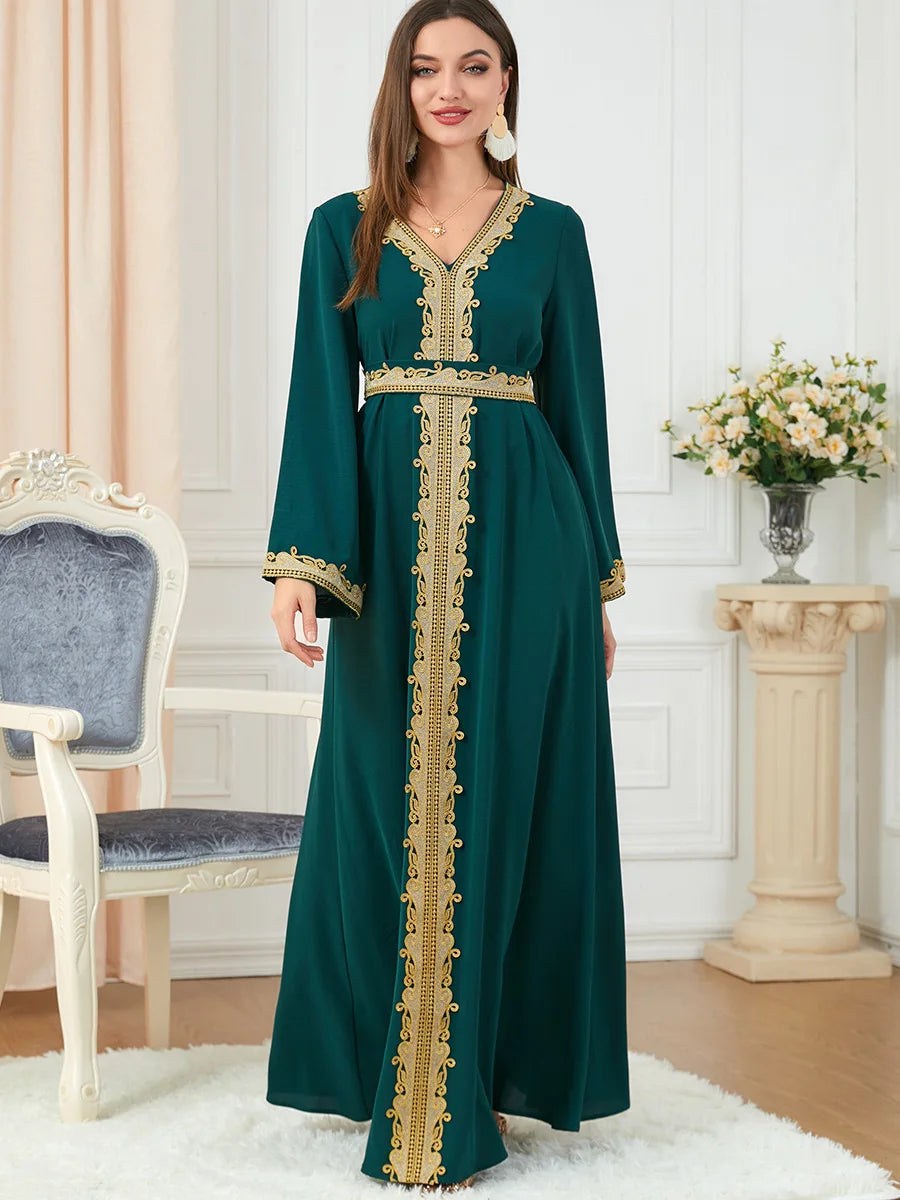Muslim Women's Clothing Pure Color Splicing Basic Loose Embroidered Long Skirt Long Sleeve Dress