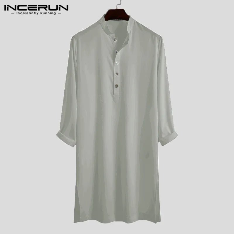 INCERUN Men Muslim Shirt Stand Collar Long Sleeve Islamic Arab Kaftan Solid Color Streetwear Casual Long Shirts Men Clothing 5XL