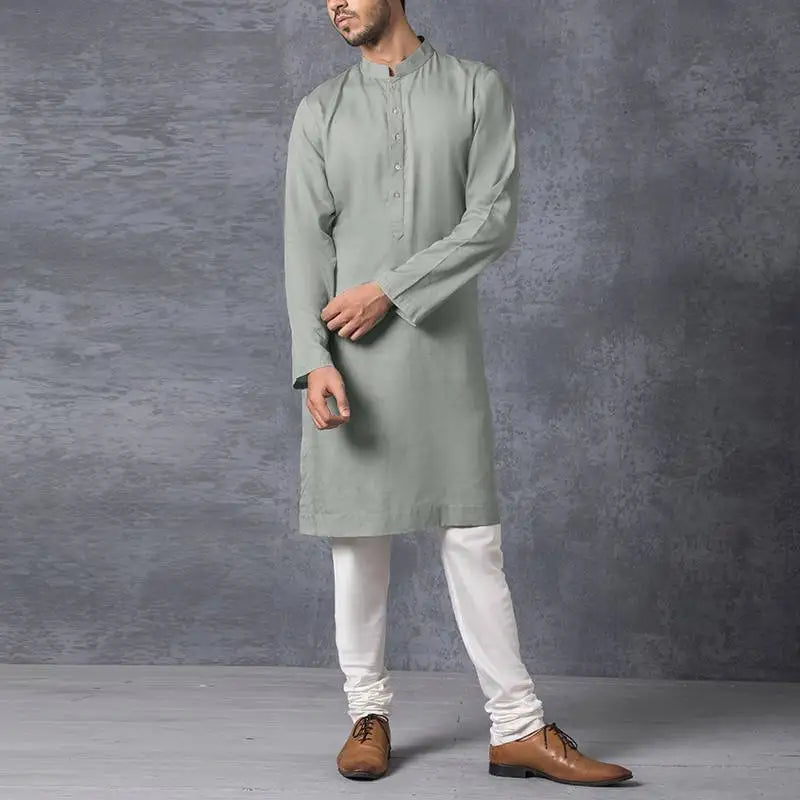 INCERUN Men Muslim Shirt Stand Collar Long Sleeve Islamic Arab Kaftan Solid Color Streetwear Casual Long Shirts Men Clothing 5XL