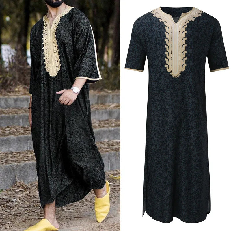 Kaftan Summer Middle Eastern Men's Arab Robe Loose V-neck Short Sleeved Printed Men's Muslim Clothing Islamic Clothing Kaftan