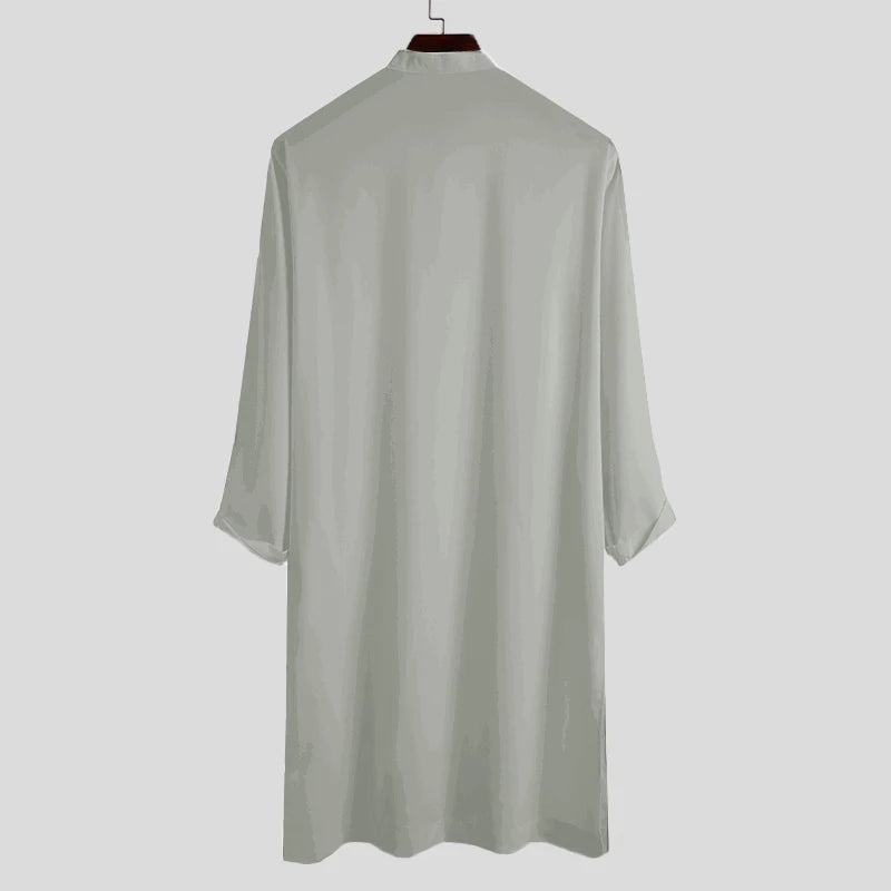 INCERUN Men Muslim Shirt Stand Collar Long Sleeve Islamic Arab Kaftan Solid Color Streetwear Casual Long Shirts Men Clothing 5XL