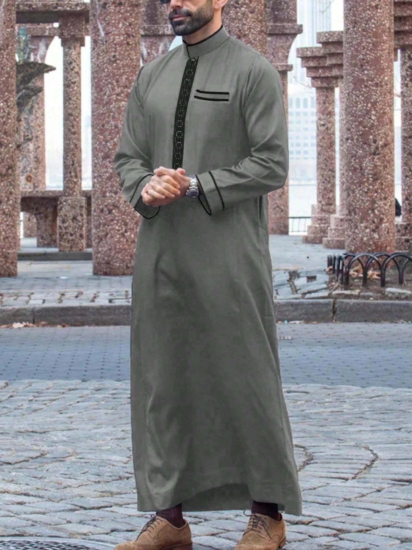 2025Islamic muslim Arabic men's robe long sleeve embroidered stand collar arabian thobe for men
