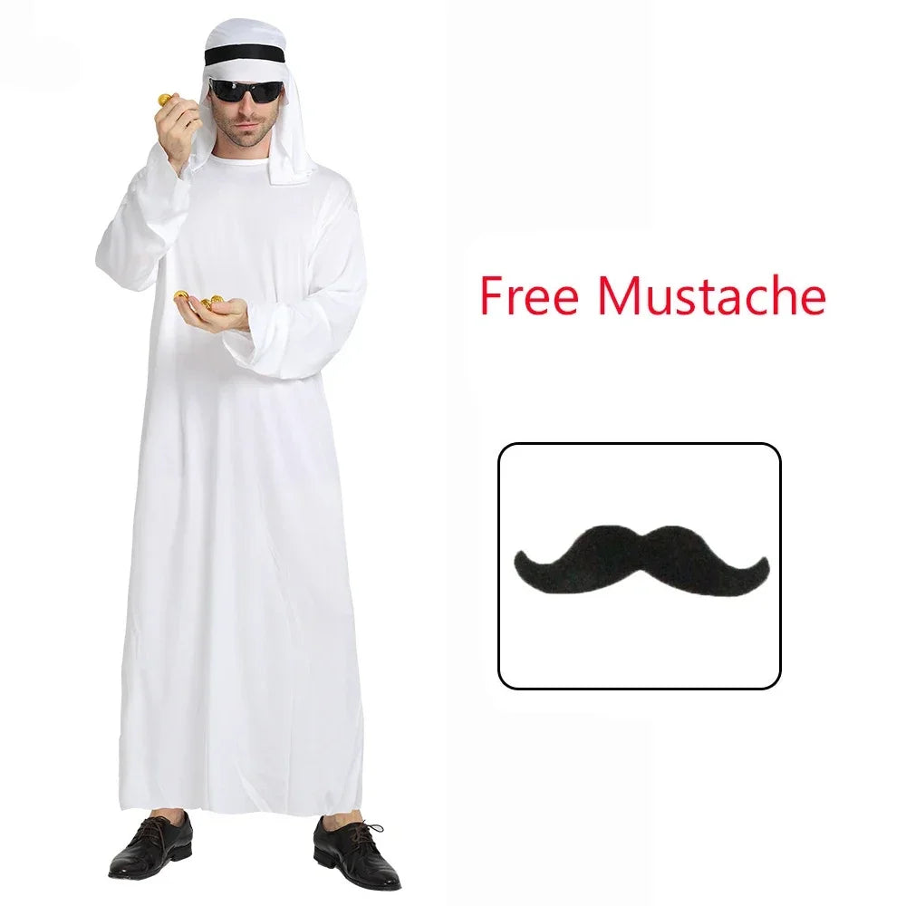 2025 New Adult Men Arabian Arab Sheikh Costume Middle East Clothes Sultan White Robe Red Headband Purim Halloween Fancy Dress