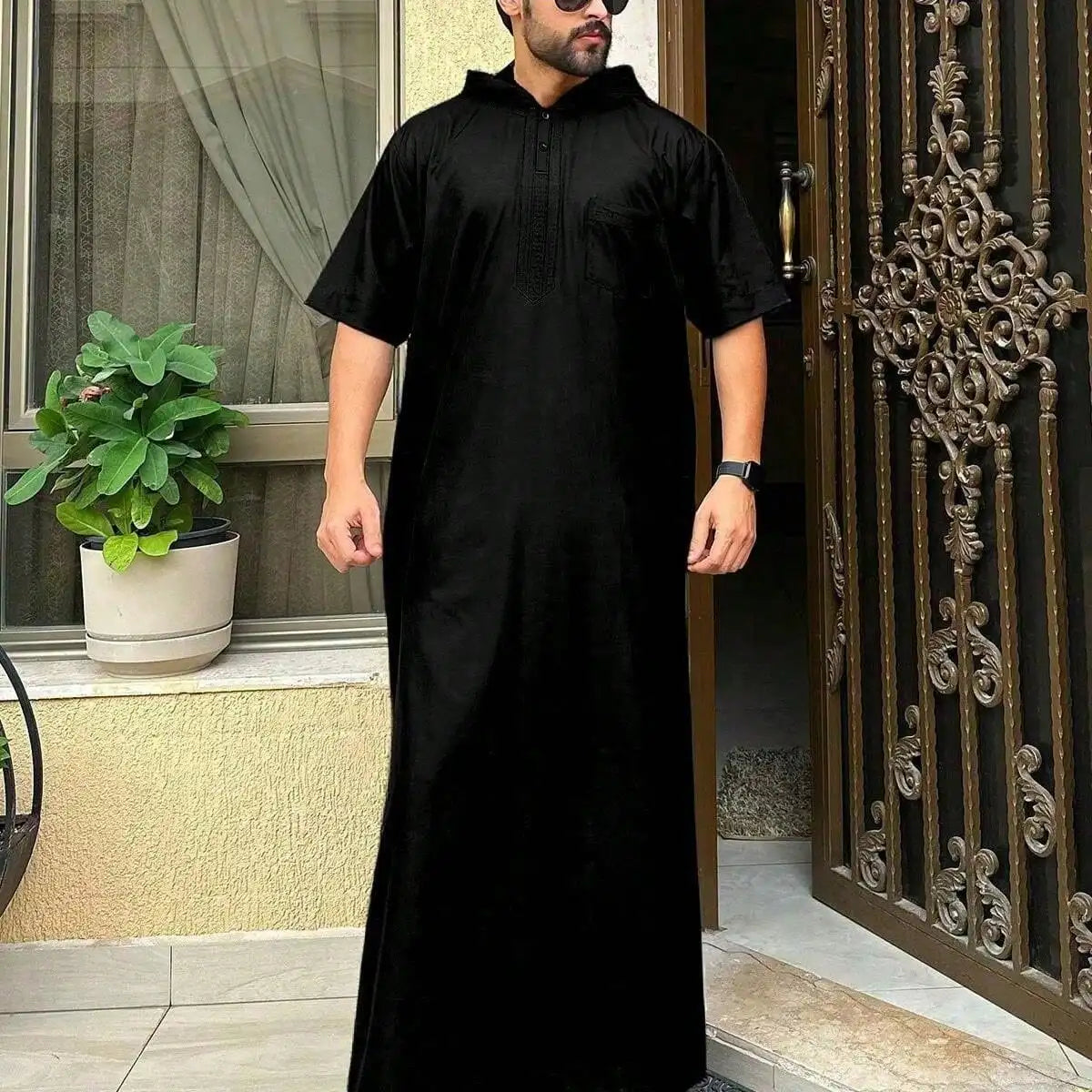 2025Islamic muslim Arabic men's robe long sleeve embroidered stand collar arabian thobe for men
