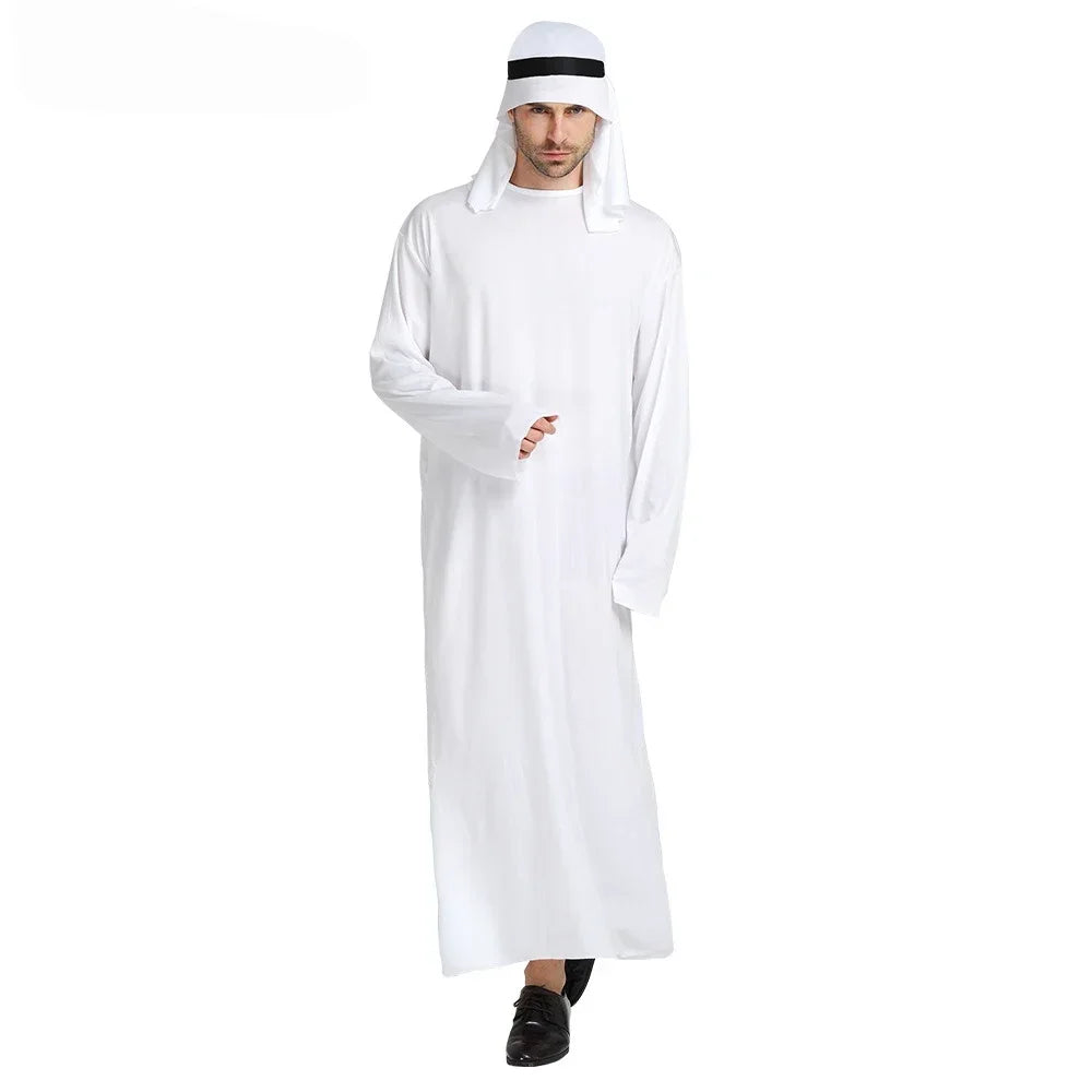 2025 New Adult Men Arabian Arab Sheikh Costume Middle East Clothes Sultan White Robe Red Headband Purim Halloween Fancy Dress
