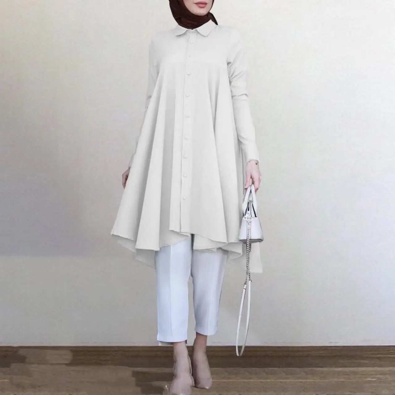 Muslim Women's Clothing Solid Color Lapel Coat Button Placket Dovetail Curved Hem Multi-color Long-sleeved Women's Shirt