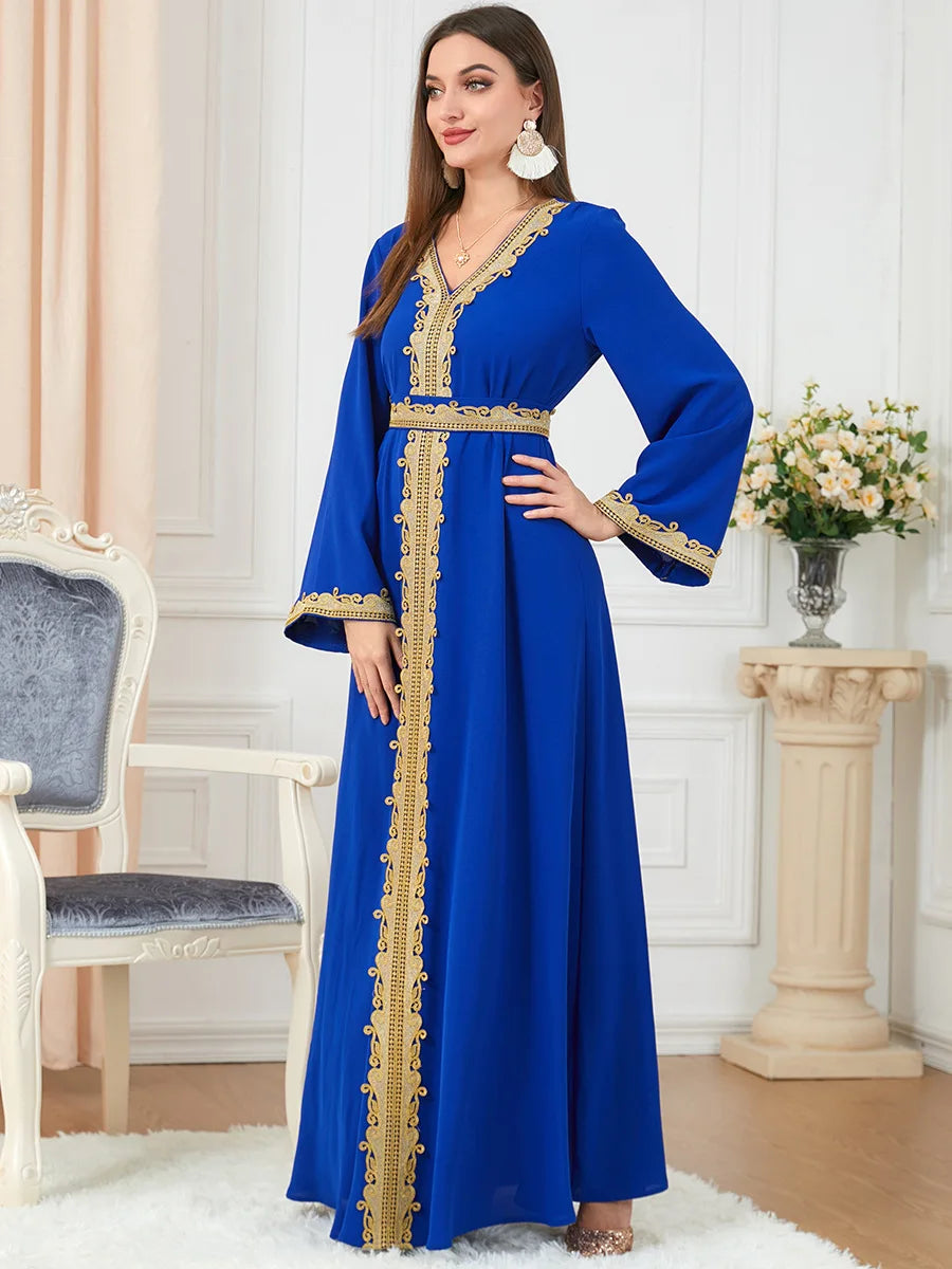 Muslim Women's Clothing Pure Color Splicing Basic Loose Embroidered Long Skirt Long Sleeve Dress
