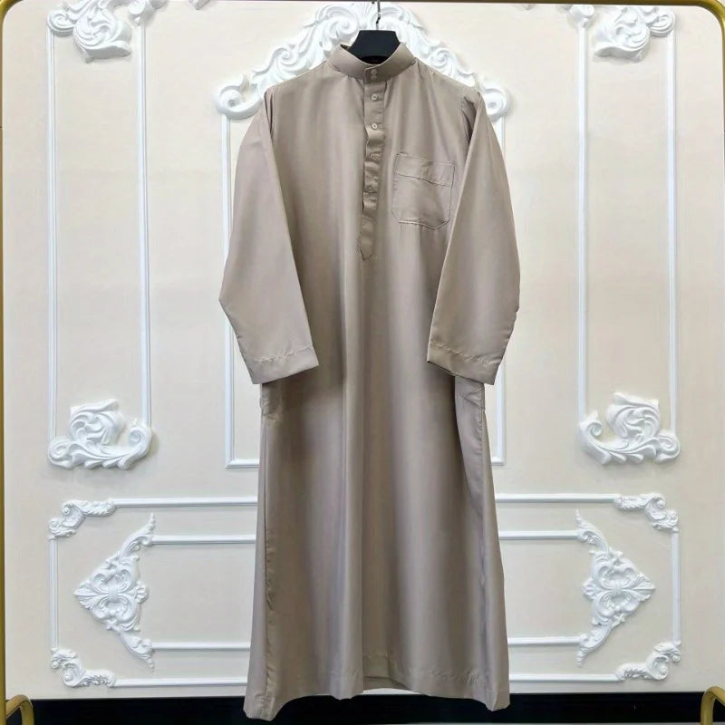 Men's Robe Qatari Stand Collar Robe Pocket Design Arabic Middle Eastern Men's Clothing