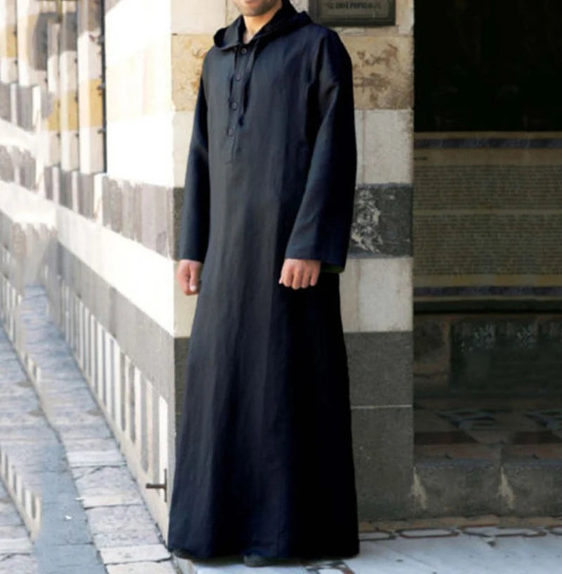 Men's Muslim Robes Saudi Arabia Juba Islamic Kafatan Casual Loose Robe Shirt Solid Color Long Sleeve Hooded Button Pocket Robe