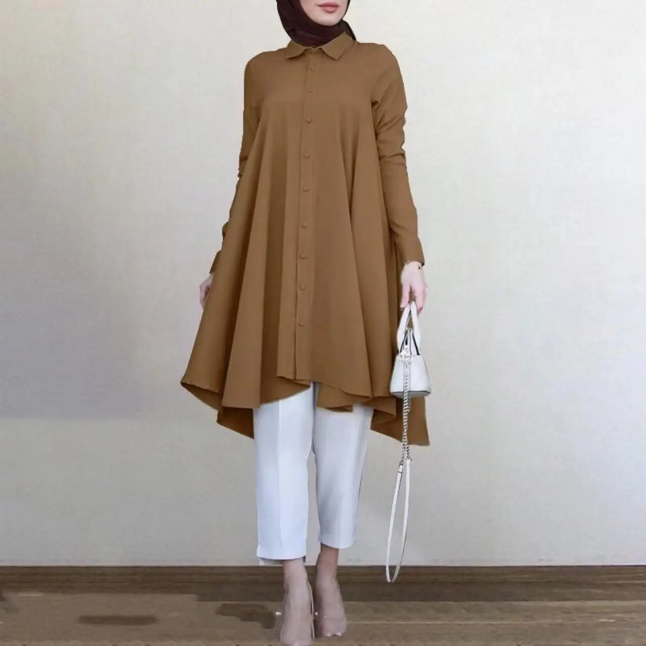 Muslim Women's Clothing Solid Color Lapel Coat Button Placket Dovetail Curved Hem Multi-color Long-sleeved Women's Shirt