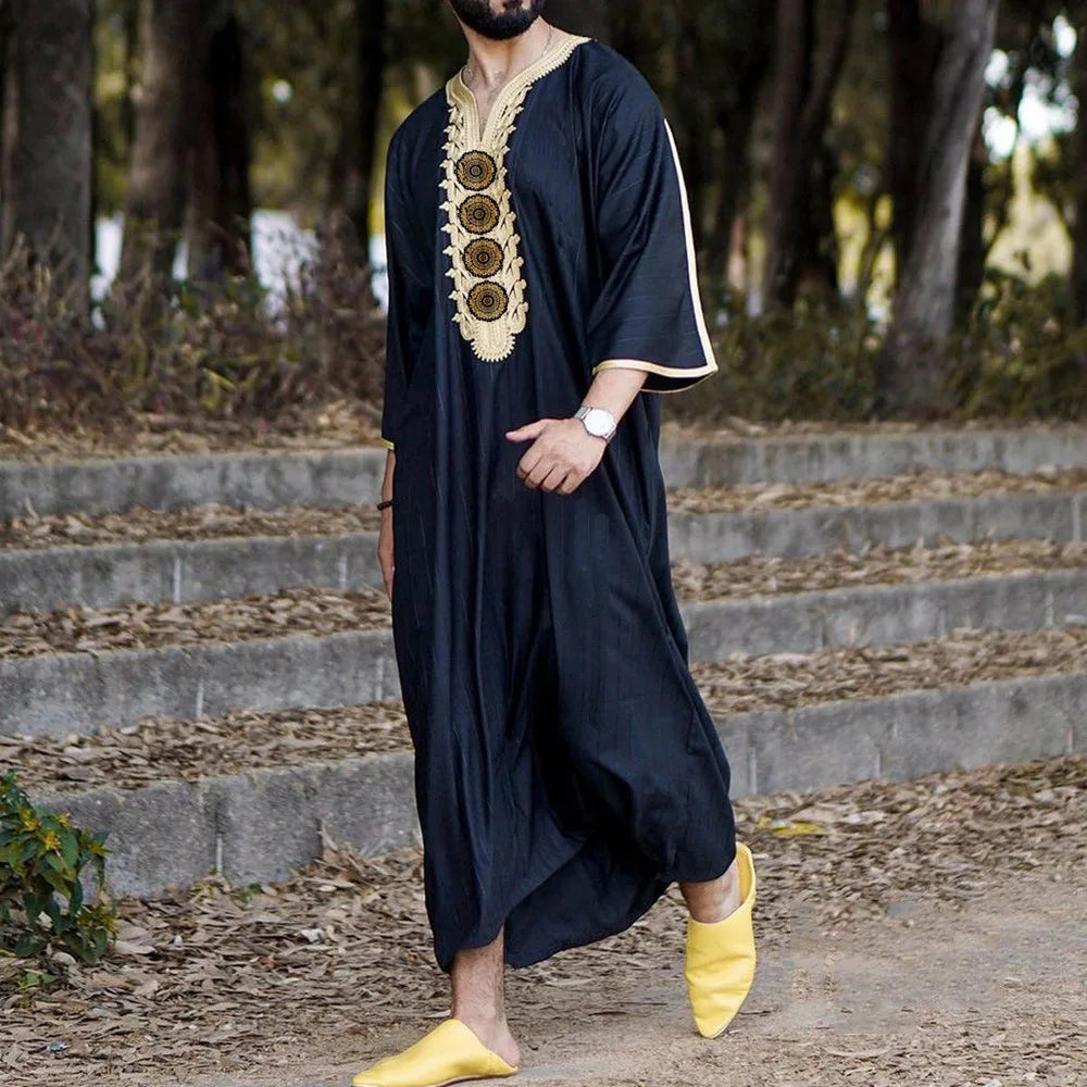 Kaftan Summer Middle Eastern Men's Arab Robe Loose V-neck Short Sleeved Printed Men's Muslim Clothing Islamic Clothing Kaftan