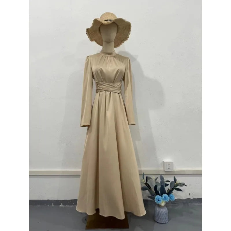 Eid Muslim Party Dress for Women Abaya Morocco Satin Dresses Ramadan Lace-up Abayas Kaftan Islam Dubai Arab Long Robe
