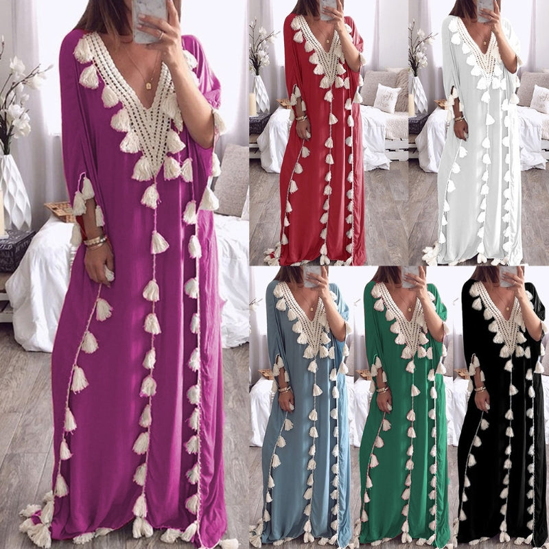Womens Arabic Islamic Dubai Kaftan Half Sleeve Sexy Deep V-Neck Muslim Maxi Long Robe Dress Tassels Trim Turkey Casual Loose Up