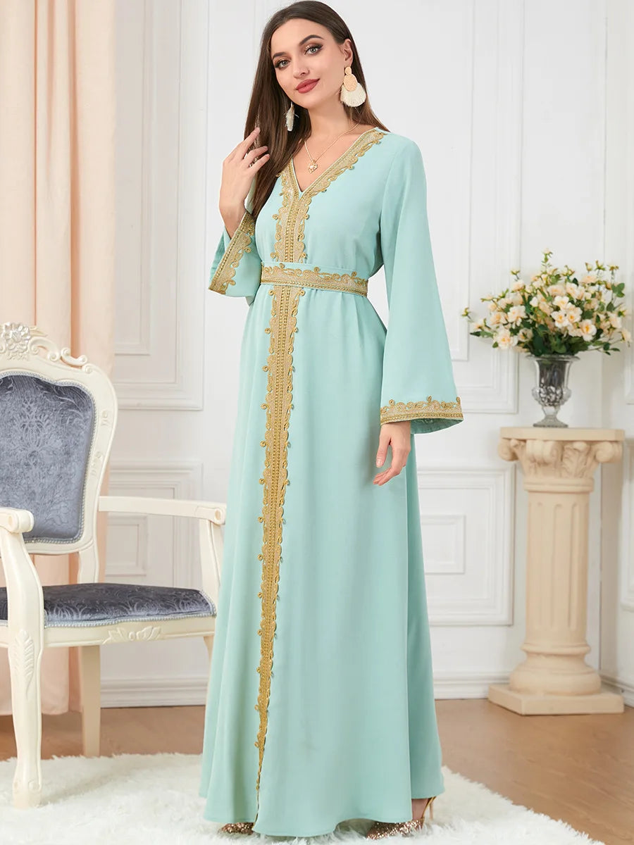 Muslim Women's Clothing Pure Color Splicing Basic Loose Embroidered Long Skirt Long Sleeve Dress