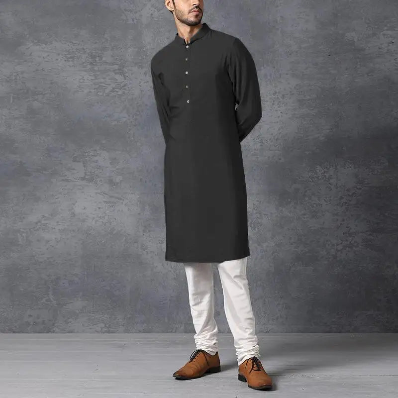 INCERUN Men Muslim Shirt Stand Collar Long Sleeve Islamic Arab Kaftan Solid Color Streetwear Casual Long Shirts Men Clothing 5XL