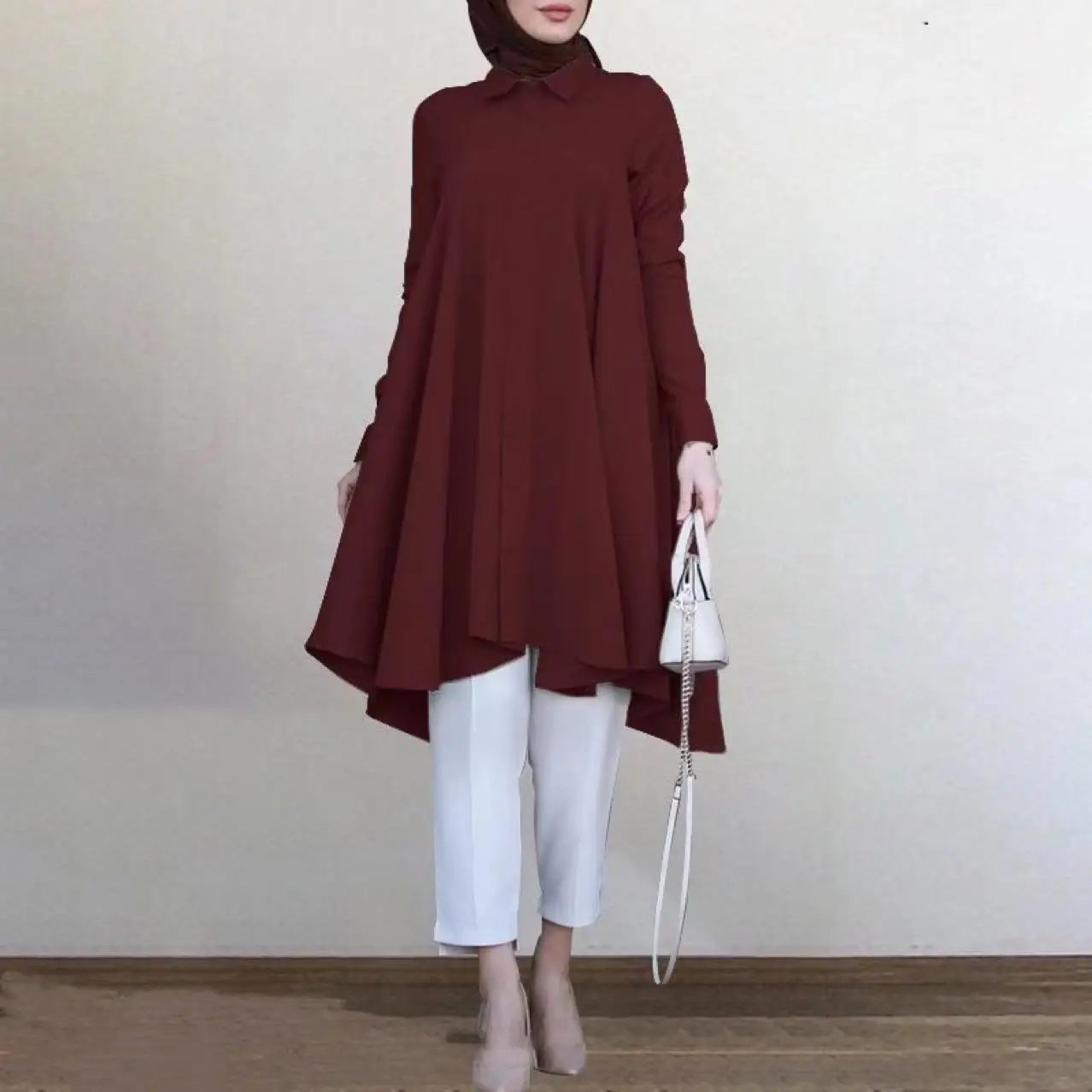Muslim Women's Clothing Solid Color Lapel Coat Button Placket Dovetail Curved Hem Multi-color Long-sleeved Women's Shirt
