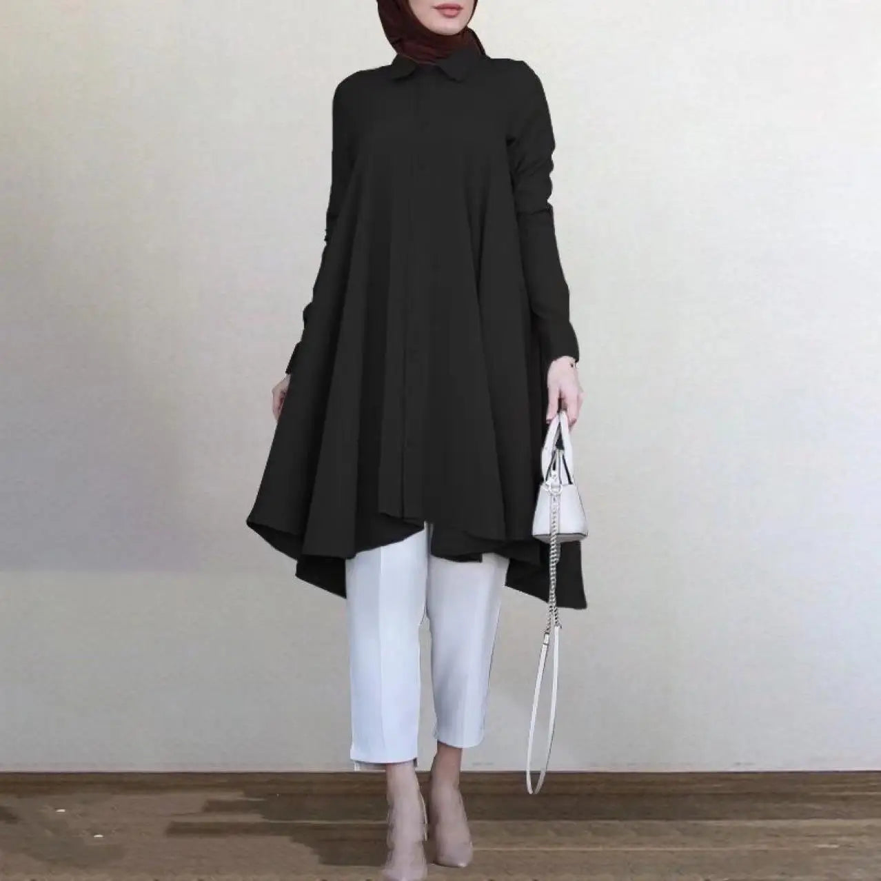 Muslim Women's Clothing Solid Color Lapel Coat Button Placket Dovetail Curved Hem Multi-color Long-sleeved Women's Shirt