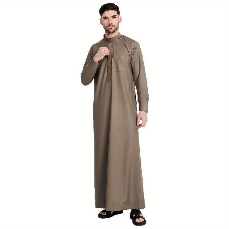 Men's Robe Qatari Stand Collar Robe Pocket Design Arabic Middle Eastern Men's Clothing